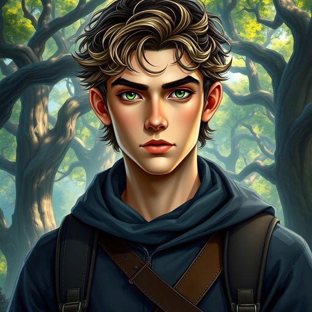 A realistic fantasy book cover featuring a 17-year-old male character who embodies the spirit of Greek mythology