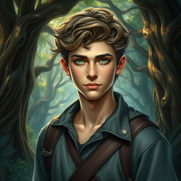 A realistic fantasy book cover featuring a 17-year-old male character who embodies the spirit of Greek mythology