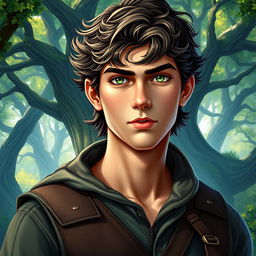 A realistic fantasy book cover featuring a 17-year-old male character who embodies the spirit of Greek mythology
