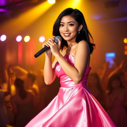 A full-length photograph of a petite 20 year old Asian-American woman with thick medium length black hair and striking blue eyes, wearing an elegant pink silk dress that flows beautifully