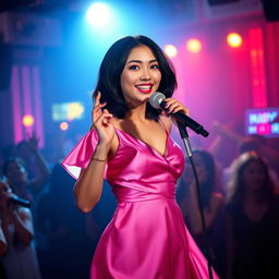 A full-length photograph of a petite 20 year old Asian-American woman with thick medium length black hair and striking blue eyes, wearing an elegant pink silk dress that flows beautifully