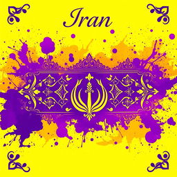 A vibrant art piece titled 'Iran' showcasing a stunning blend of purple and yellow colors