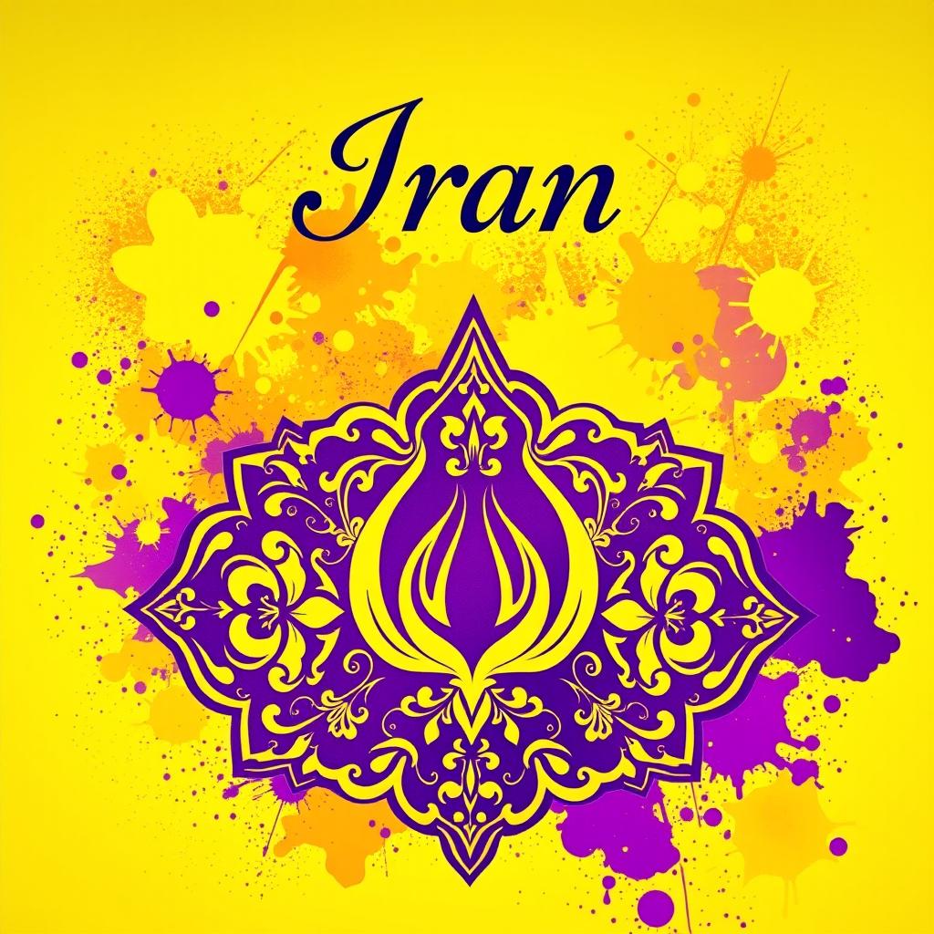 A vibrant art piece titled 'Iran' showcasing a stunning blend of purple and yellow colors