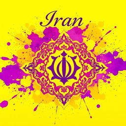 A vibrant art piece titled 'Iran' showcasing a stunning blend of purple and yellow colors