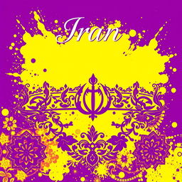A vibrant art piece titled 'Iran' showcasing a stunning blend of purple and yellow colors