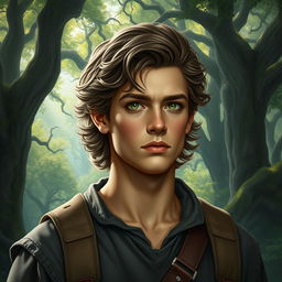 A realistic fantasy book cover depicting a 17-year-old male character inspired by Greek mythology