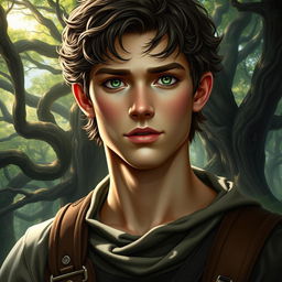 A realistic fantasy book cover depicting a 17-year-old male character inspired by Greek mythology