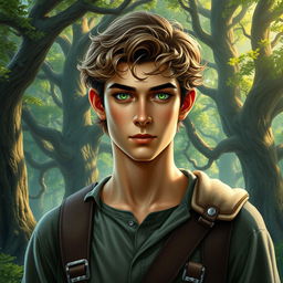 A realistic fantasy book cover depicting a 17-year-old male character inspired by Greek mythology
