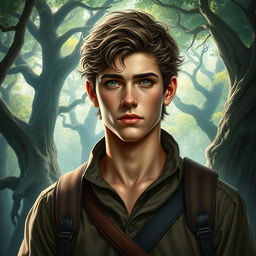 A realistic fantasy book cover depicting a 17-year-old male character inspired by Greek mythology