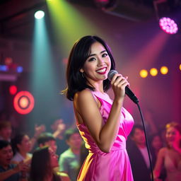 A full-length photograph of a petite 20 year old Asian-American woman with thick medium length black hair and striking blue eyes, wearing an elegant pink silk dress that elegantly flows with her movements