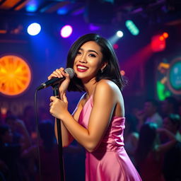 A full-length photograph of a petite 20 year old Asian-American woman with thick medium length black hair and striking blue eyes, wearing an elegant pink silk dress that elegantly flows with her movements