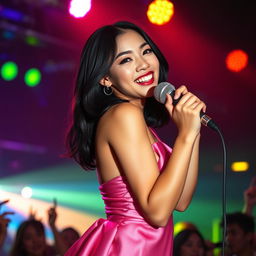 A full-length photograph of a petite 20 year old Asian-American woman with thick medium length black hair and striking blue eyes, wearing an elegant pink silk dress that elegantly flows with her movements