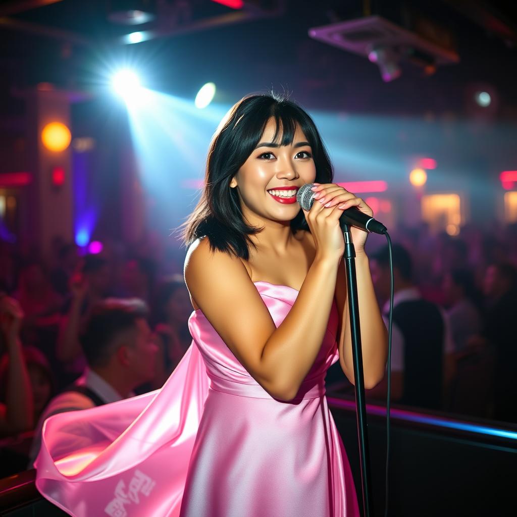 A full-length photograph of a petite 20 year old Asian-American woman with thick medium length black hair and striking blue eyes, wearing an elegant pink silk dress that elegantly flows with her movements