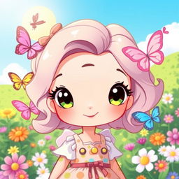 A charming and adorable character named Hera, with large expressive eyes and a warm smile, surrounded by playful and colorful elements such as butterflies and flowers