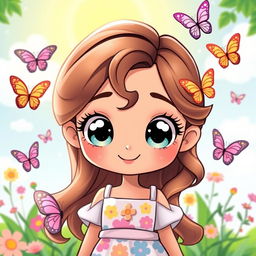 A charming and adorable character named Hera, with large expressive eyes and a warm smile, surrounded by playful and colorful elements such as butterflies and flowers