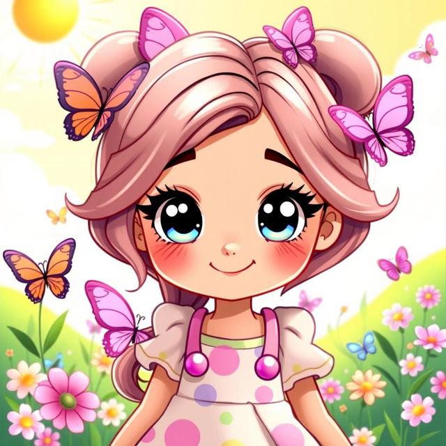 A charming and adorable character named Hera, with large expressive eyes and a warm smile, surrounded by playful and colorful elements such as butterflies and flowers