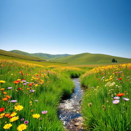A serene landscape showcasing a beautiful meadow filled with vibrant wildflowers in various colors like yellow, purple, and red