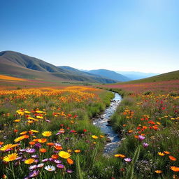 A serene landscape showcasing a beautiful meadow filled with vibrant wildflowers in various colors like yellow, purple, and red