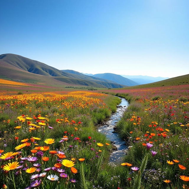 A serene landscape showcasing a beautiful meadow filled with vibrant wildflowers in various colors like yellow, purple, and red