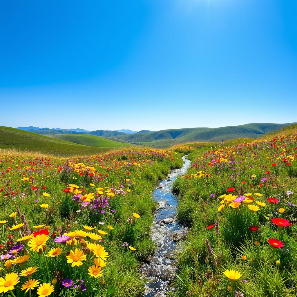 A serene landscape showcasing a beautiful meadow filled with vibrant wildflowers in various colors like yellow, purple, and red