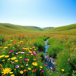 A serene landscape showcasing a beautiful meadow filled with vibrant wildflowers in various colors like yellow, purple, and red