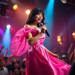 A full-length photograph of a petite 20 year old Asian-American woman with thick medium length black hair and enchanting blue eyes, adorned in an elegant pink silk dress that flows gracefully as she sings