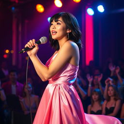 A full-length photograph of a petite 20 year old Asian-American woman with thick medium length black hair and enchanting blue eyes, adorned in an elegant pink silk dress that flows gracefully as she sings