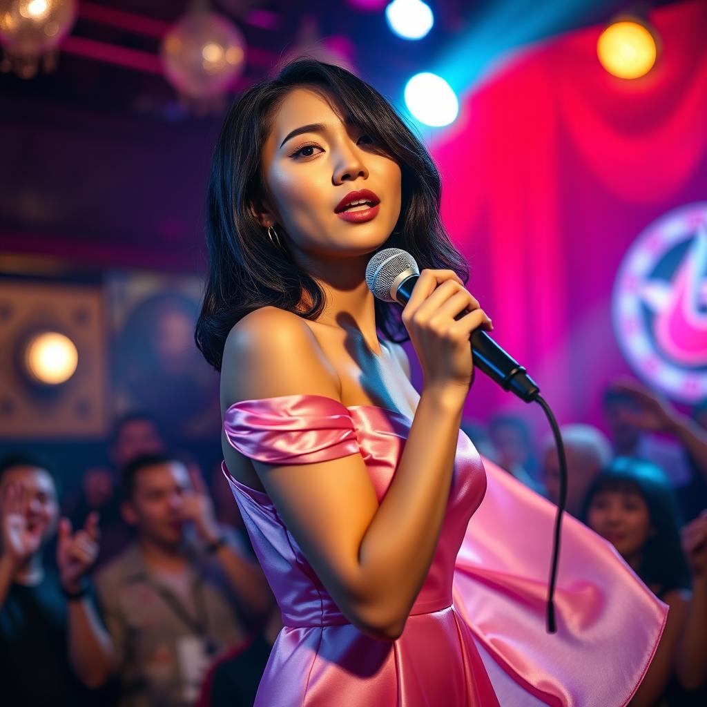 A full-length photograph of a petite 20 year old Asian-American woman with thick medium length black hair and enchanting blue eyes, adorned in an elegant pink silk dress that flows gracefully as she sings