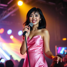 A full-length photograph of a petite 20 year old Asian-American woman with thick medium length black hair and captivating blue eyes, dressed in an elegant pink silk dress that gracefully flows around her