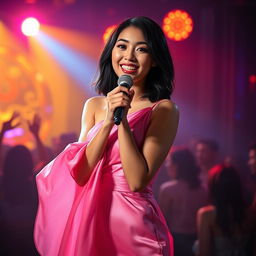 A full-length photograph of a petite 20 year old Asian-American woman with thick medium length black hair and captivating blue eyes, dressed in an elegant pink silk dress that gracefully flows around her
