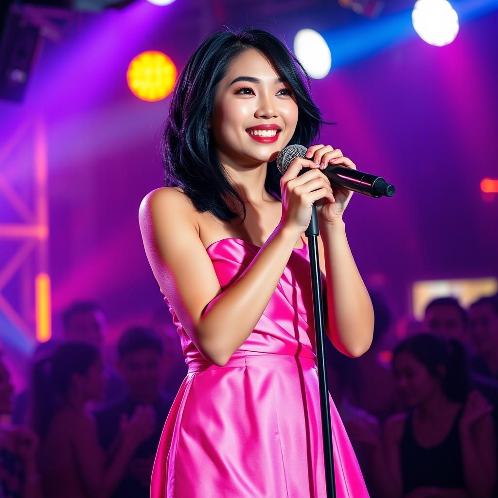 A full-length photograph of a petite 20 year old Asian-American woman with thick medium length black hair and captivating blue eyes, dressed in an elegant pink silk dress that gracefully flows around her