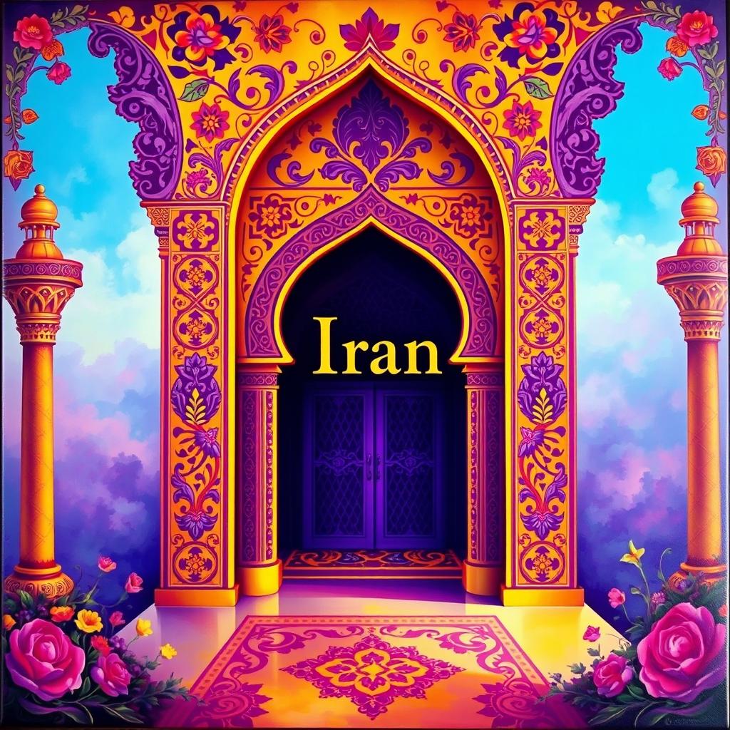 A stunning painting titled 'Iran' featuring vibrant shades of purple and yellow, showcasing traditional Iranian patterns and architecture