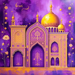 A stunning painting titled 'Iran' featuring vibrant shades of purple and yellow, showcasing traditional Iranian patterns and architecture