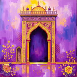 A stunning painting titled 'Iran' featuring vibrant shades of purple and yellow, showcasing traditional Iranian patterns and architecture