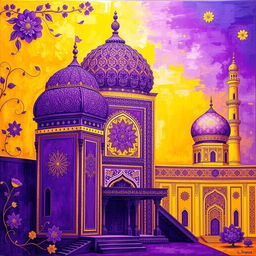 A stunning painting titled 'Iran' featuring vibrant shades of purple and yellow, showcasing traditional Iranian patterns and architecture