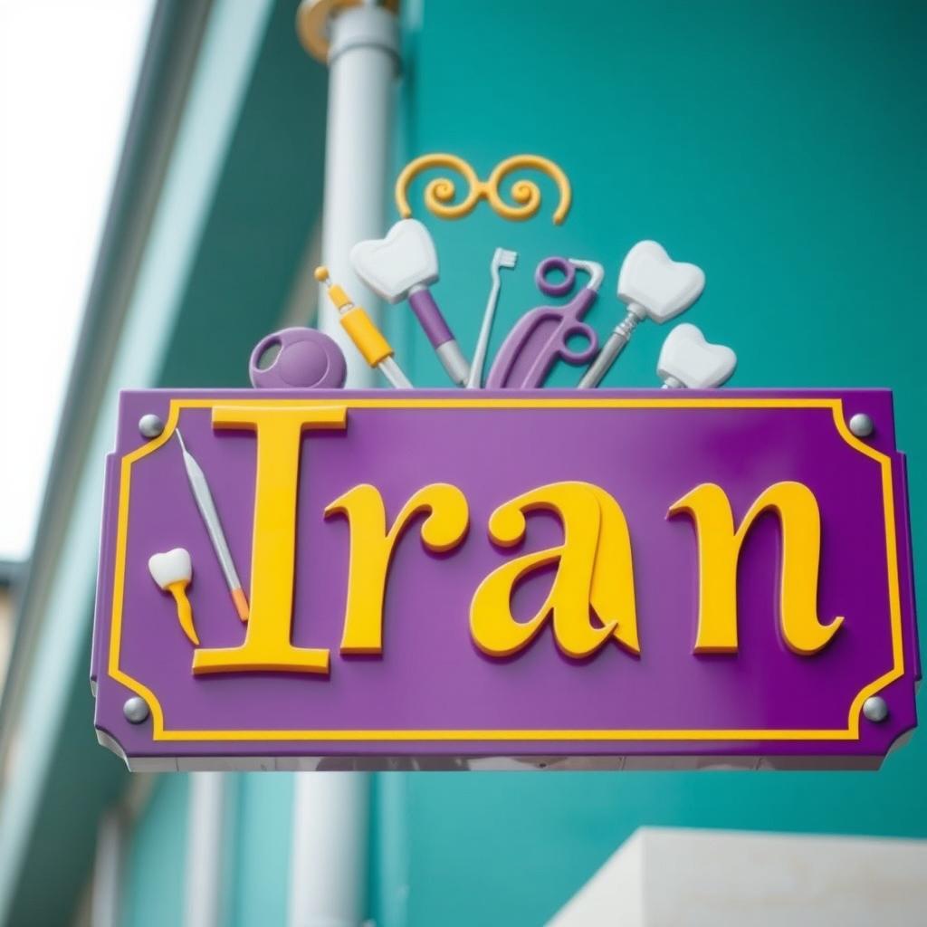 A vibrant and artistic depiction of a sign or plaque with the name 'Iran' prominently featured