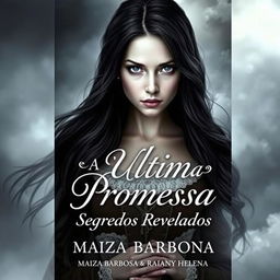 A captivating book cover for a romance novel titled 'A Ultima Promessa: Segredos Revelados', featuring a mysterious young woman with long, jet-black hair and pale skin like snow