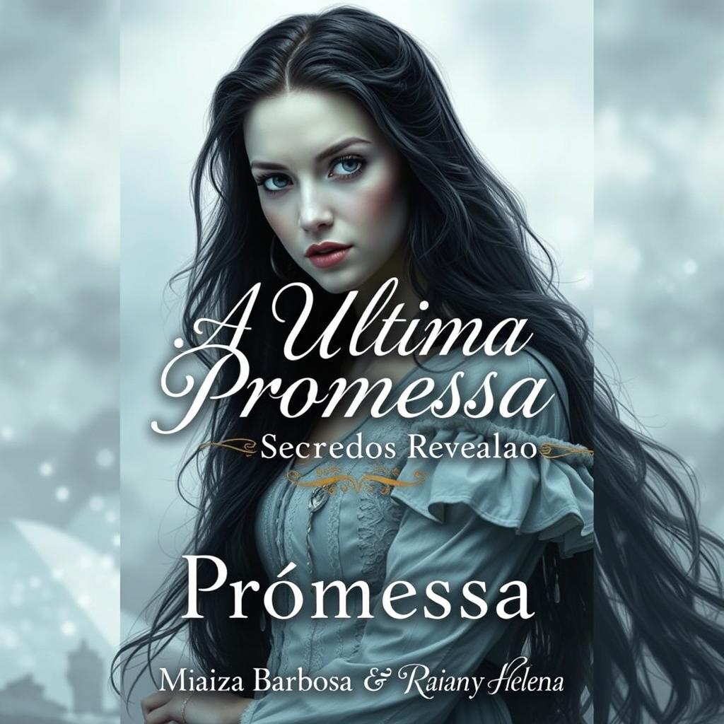 A captivating book cover for a romance novel titled 'A Ultima Promessa: Segredos Revelados', featuring a mysterious young woman with long, jet-black hair and pale skin like snow
