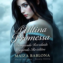 A captivating book cover for a romance novel titled 'A Ultima Promessa: Segredos Revelados', featuring a mysterious young woman with long, jet-black hair and pale skin like snow