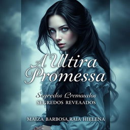 A captivating book cover for a romance novel titled 'A Ultima Promessa: Segredos Revelados', featuring a mysterious young woman with long, jet-black hair and pale skin like snow