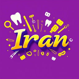 A striking artwork featuring the word 'Iran' in bold and artistic lettering, set against a vibrant background that incorporates dental elements such as teeth, dental tools, and smiling mouths