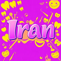 A striking artwork featuring the word 'Iran' in bold and artistic lettering, set against a vibrant background that incorporates dental elements such as teeth, dental tools, and smiling mouths