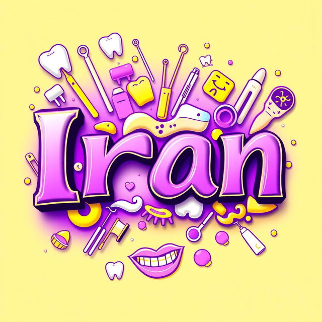 A striking artwork featuring the word 'Iran' in bold and artistic lettering, set against a vibrant background that incorporates dental elements such as teeth, dental tools, and smiling mouths