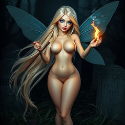 A beautiful, sexy, and sweet fairy with long, flowing blonde hair, standing in a dark, atmospheric cemetery