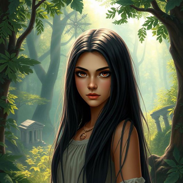 A fantasy book cover illustrating a captivating 17-year-old girl who is the daughter of Athena