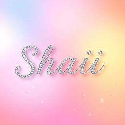 A sparkly, jeweled, silver word 'SHAII' styled like a glamorous, romantic wedding invitation