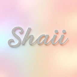 A sparkly, jeweled, silver word 'SHAII' styled like a glamorous, romantic wedding invitation