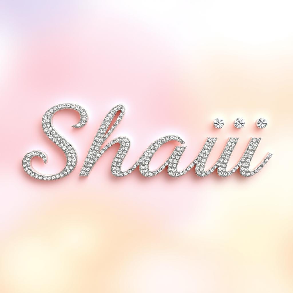 A sparkly, jeweled, silver word 'SHAII' styled like a glamorous, romantic wedding invitation