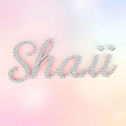 A sparkly, jeweled, silver word 'SHAII' styled like a glamorous, romantic wedding invitation