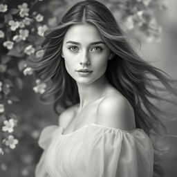A beautiful black and white portrait of a young woman with flowing hair, soft facial features, and a serene expression